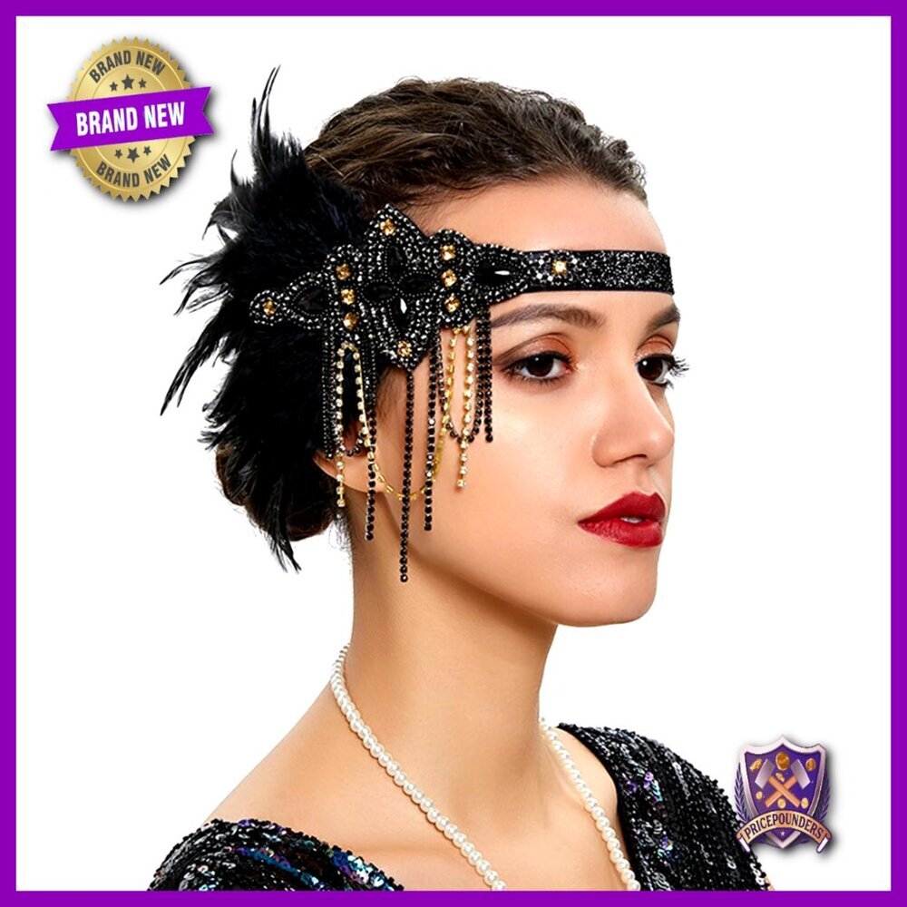 Vintage Flapper Headband Rhinestone Feather Headdress Gatsby Party Hair